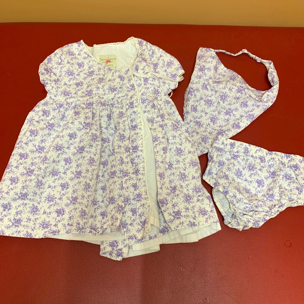 Strawberry Fair Girls Cotton Dress 18 Mth 3 Pc Purple Floral Print Wrap Lined